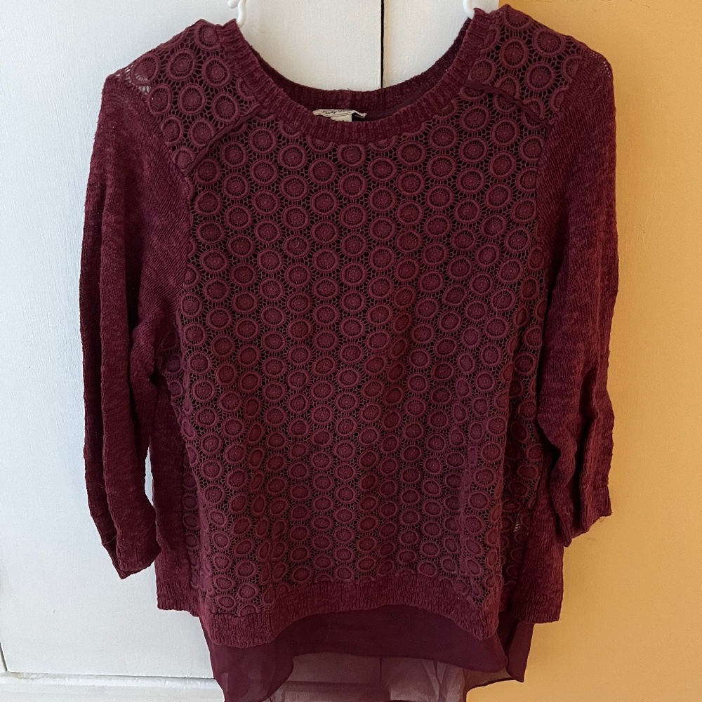 Lucky Brand Mixed Media Sweater Top Maroon Size Medium